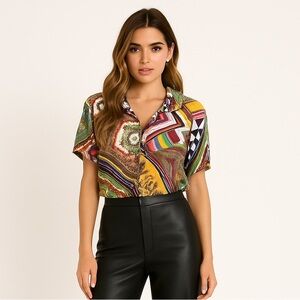 Vintage Floral Flower Greek key Multicolor Printed Blouse Size Large Unique